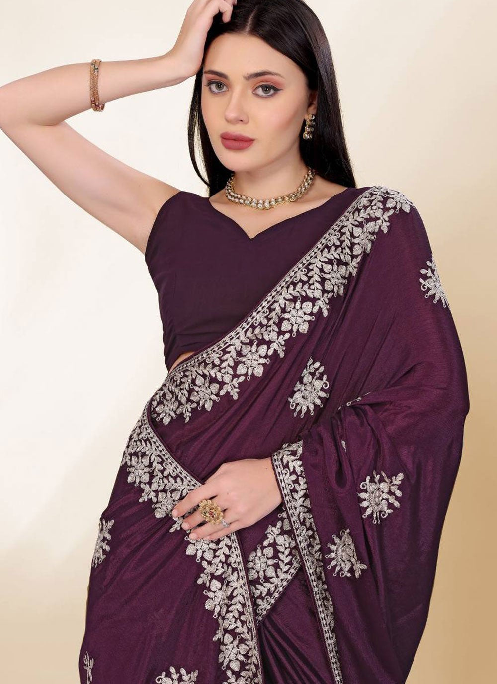 Embroidered Chinon Purple Saree S13932