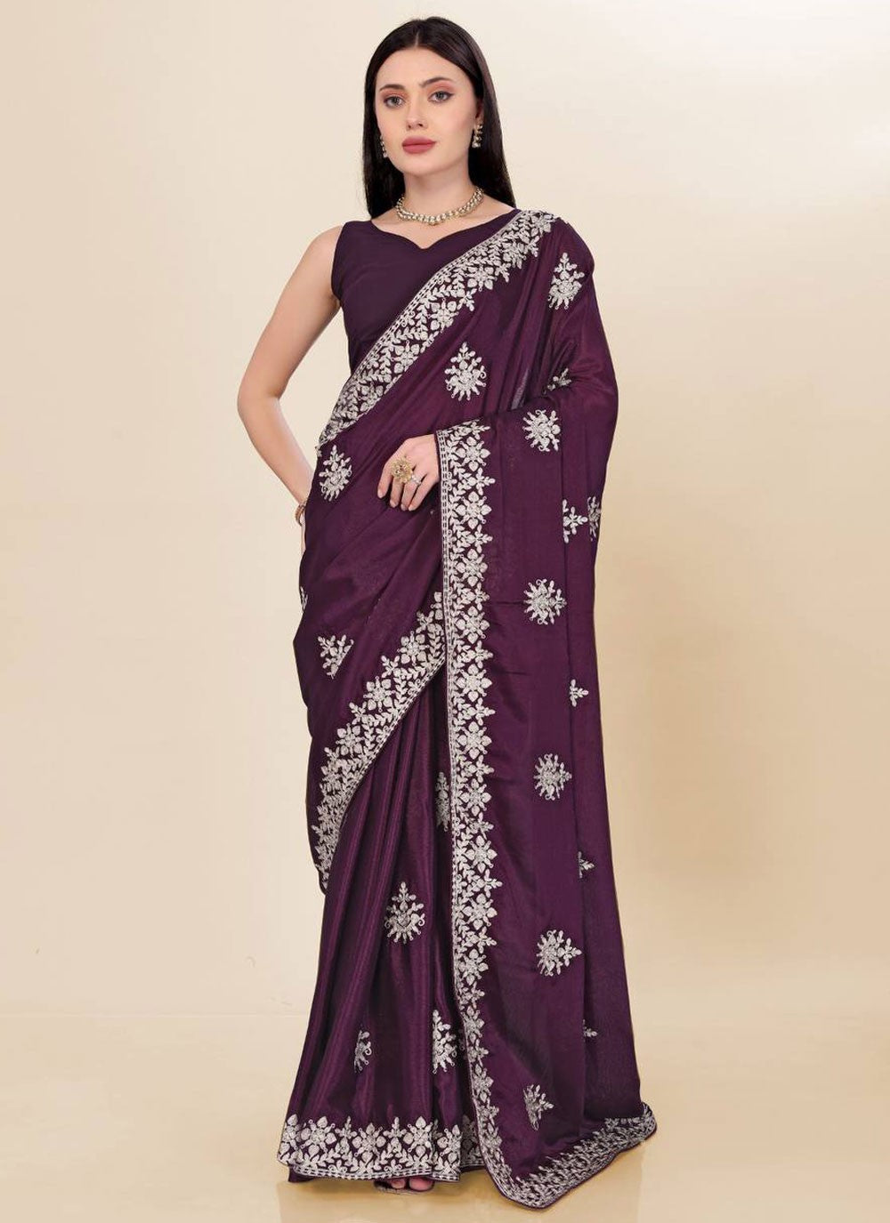 Embroidered Chinon Purple Saree S13932