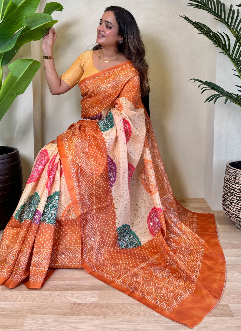 Embroidered Silk Rust Traditional Saree S15193
