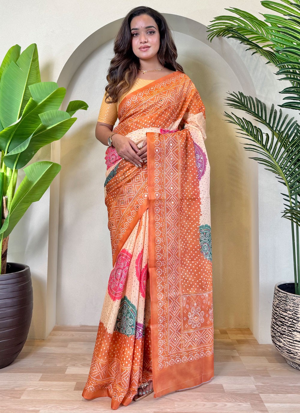 Embroidered Silk Rust Traditional Saree S15193
