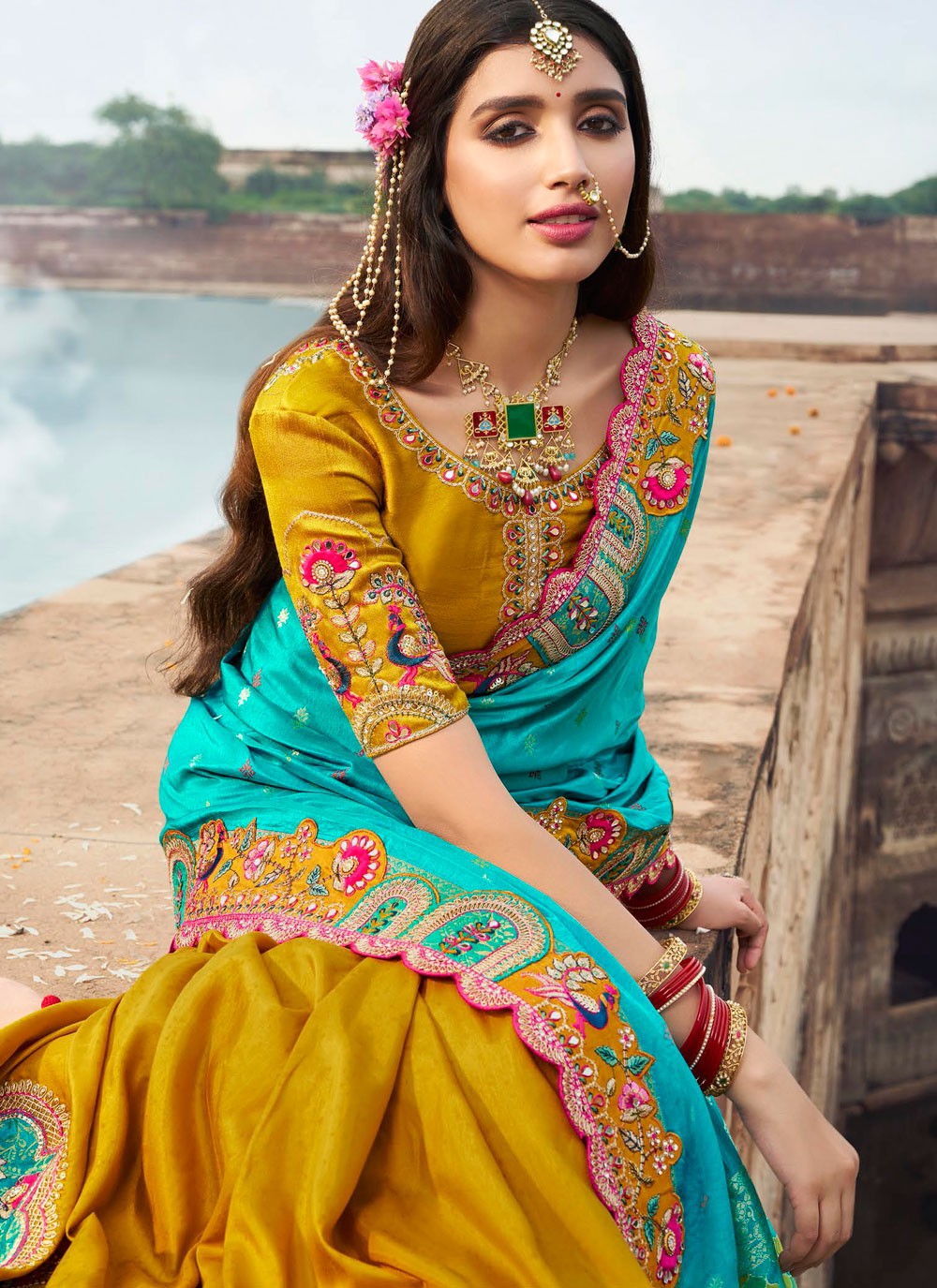 Cut Work Silk Firozi Traditional Saree S15314