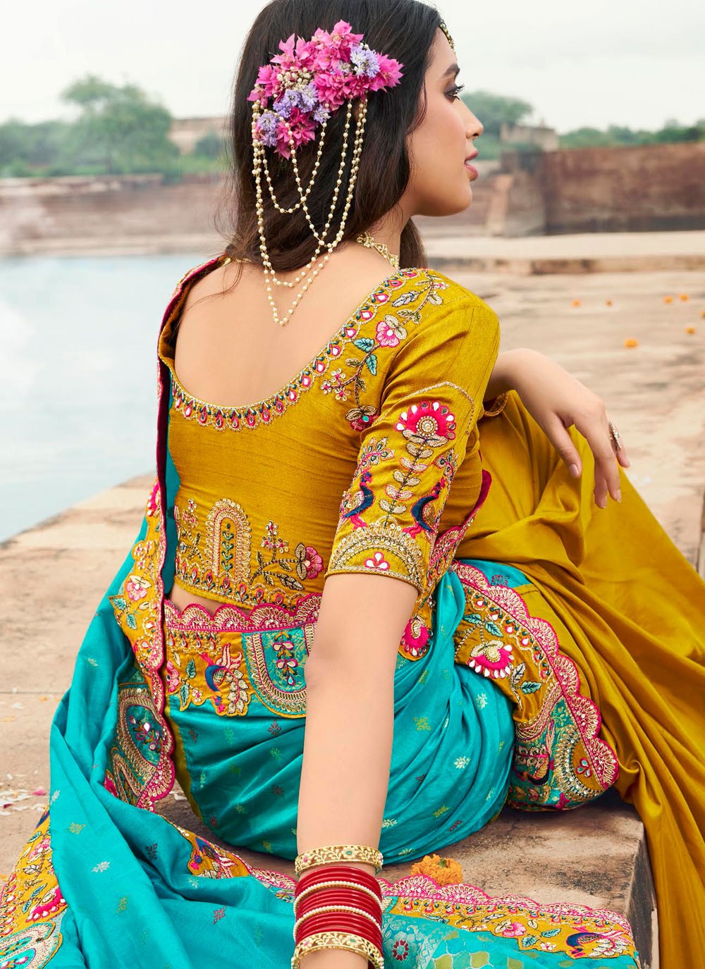 Cut Work Silk Firozi Traditional Saree S15314