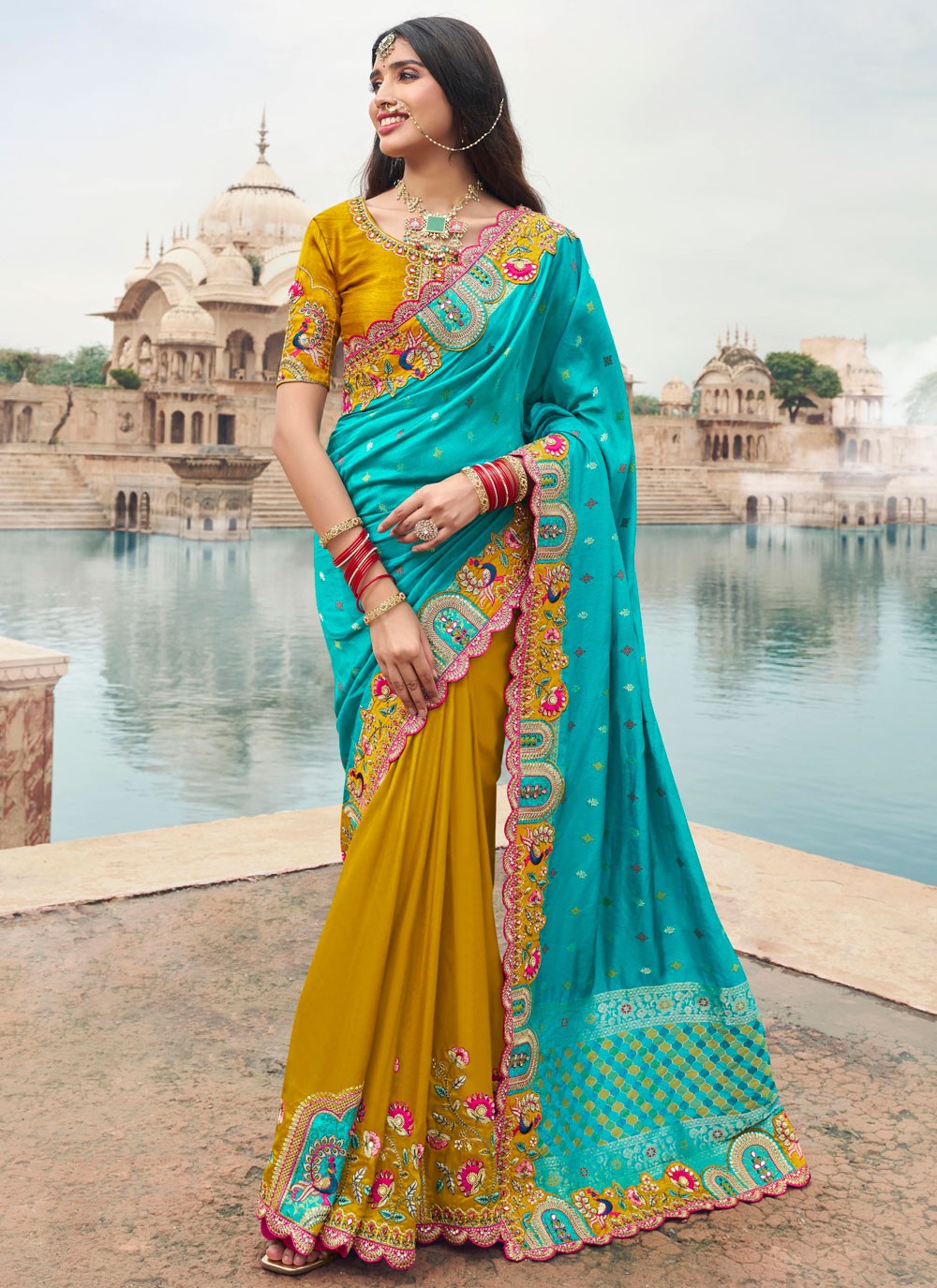 Cut Work Silk Firozi Traditional Saree S15314