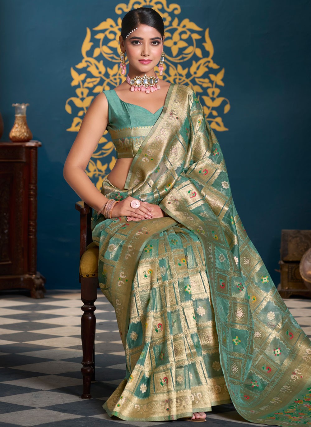 Classic Saree Multi Work Firozi Organza Saree S13186