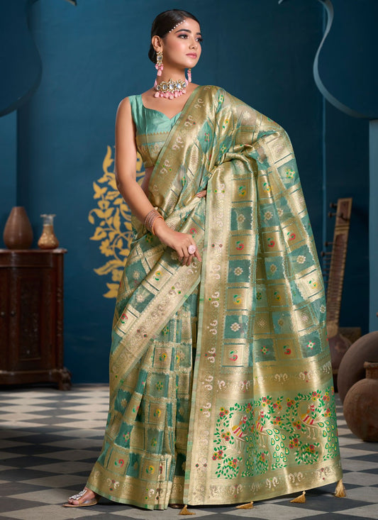 Classic Saree Multi Work Firozi Organza Saree S13186