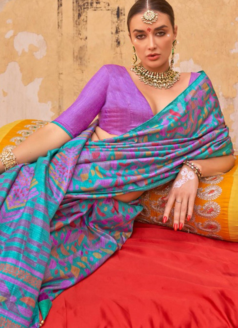 Fancy Work Silk Firozi Saree S14770