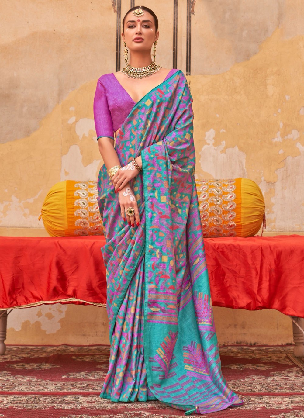Fancy Work Silk Firozi Saree S14770