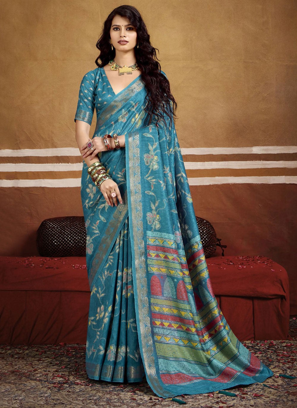 Firozi Silk Trendy Saree Printed, Weaving Zari S16252