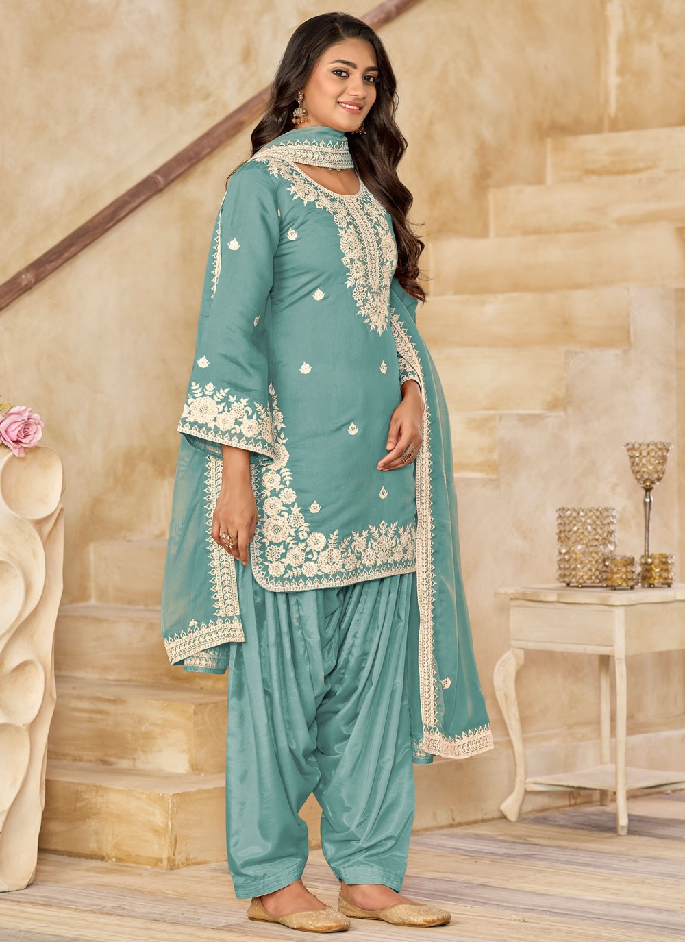 Patiala Suit Embroidered Firozi T7627