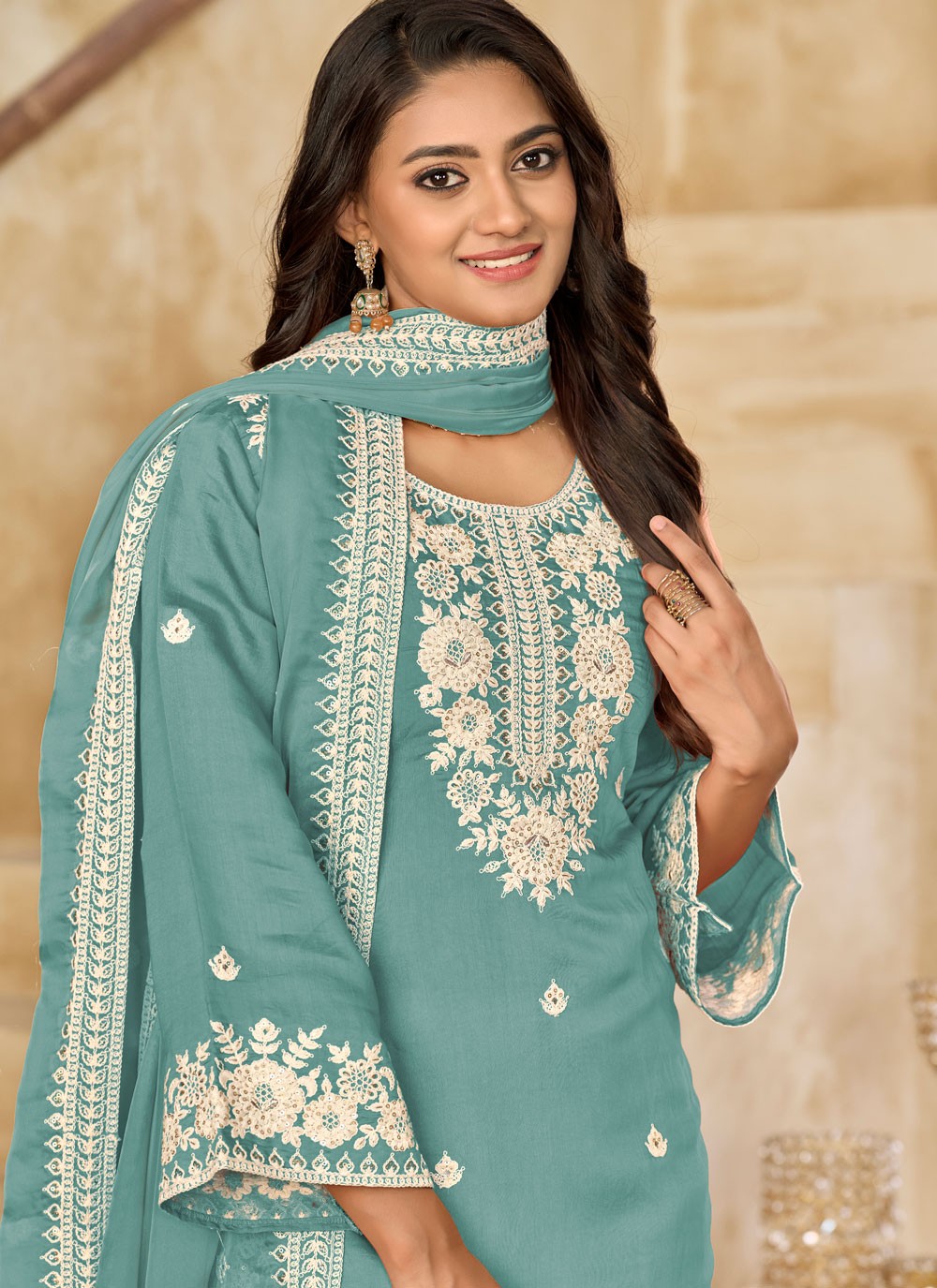 Patiala Suit Embroidered Firozi T7627
