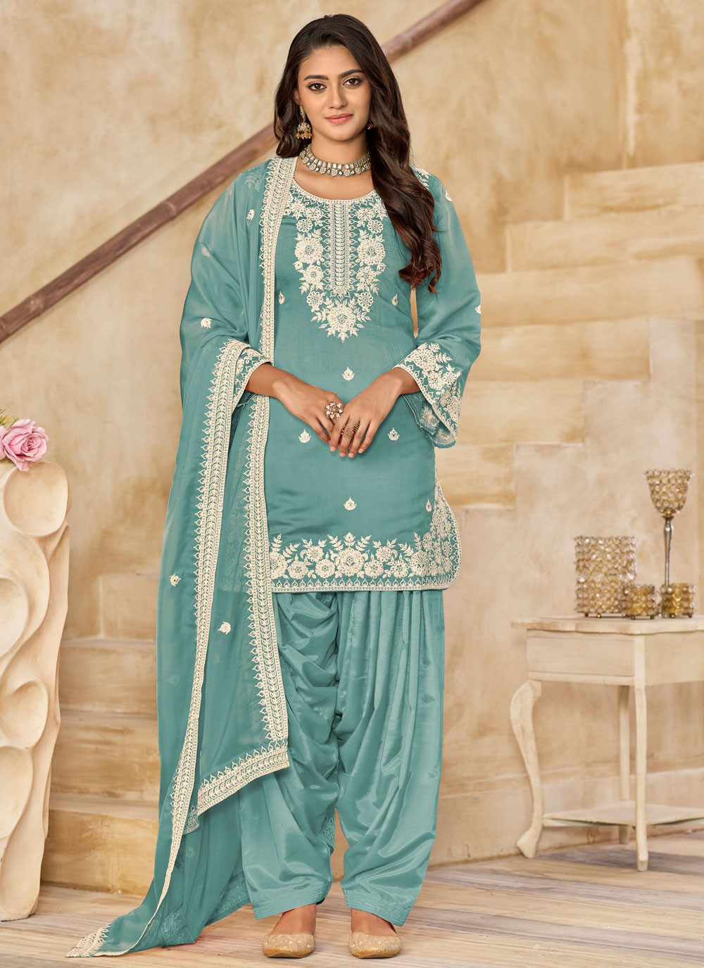 Patiala Suit Embroidered Firozi T7627