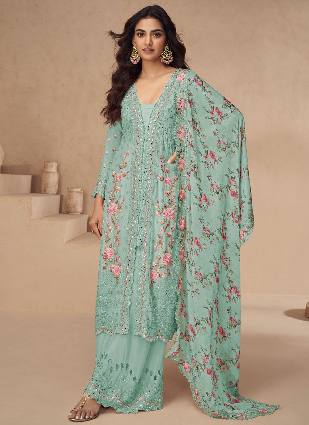 Palazzo Suit Embroidered, Mirror, Sequins, Stones, Zari Firozi T6996