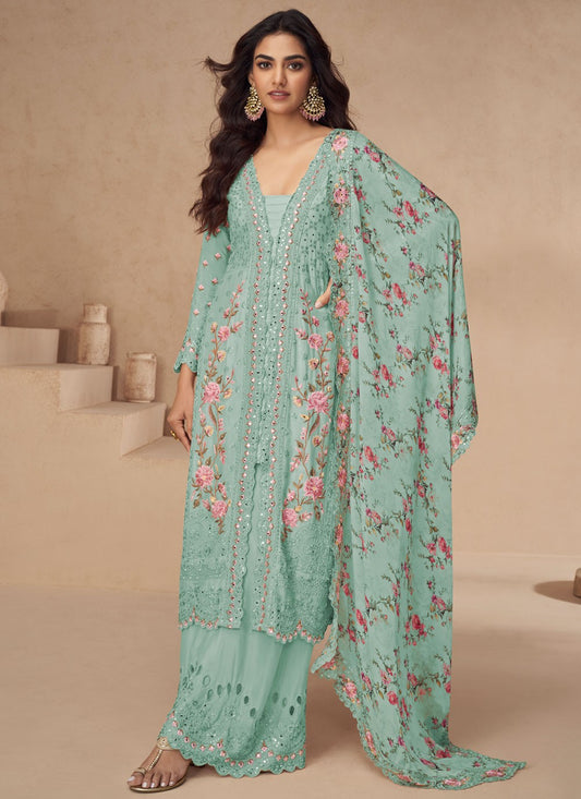 Palazzo Suit Embroidered, Mirror, Sequins, Stones, Zari Firozi T6996