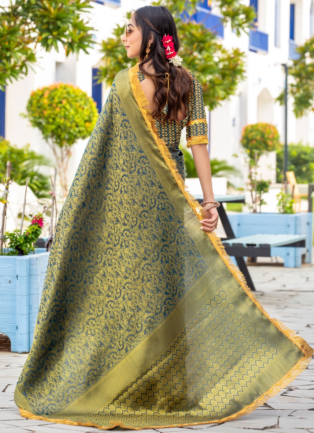 Woven Brocade Firozi Saree S14738