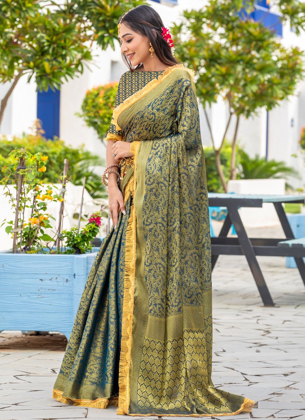 Woven Brocade Firozi Saree S14738