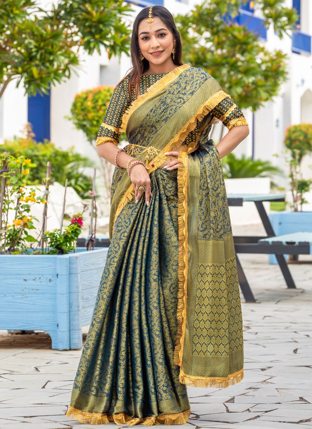 Woven Brocade Firozi Saree S14738