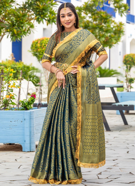 Woven Brocade Firozi Saree S14738