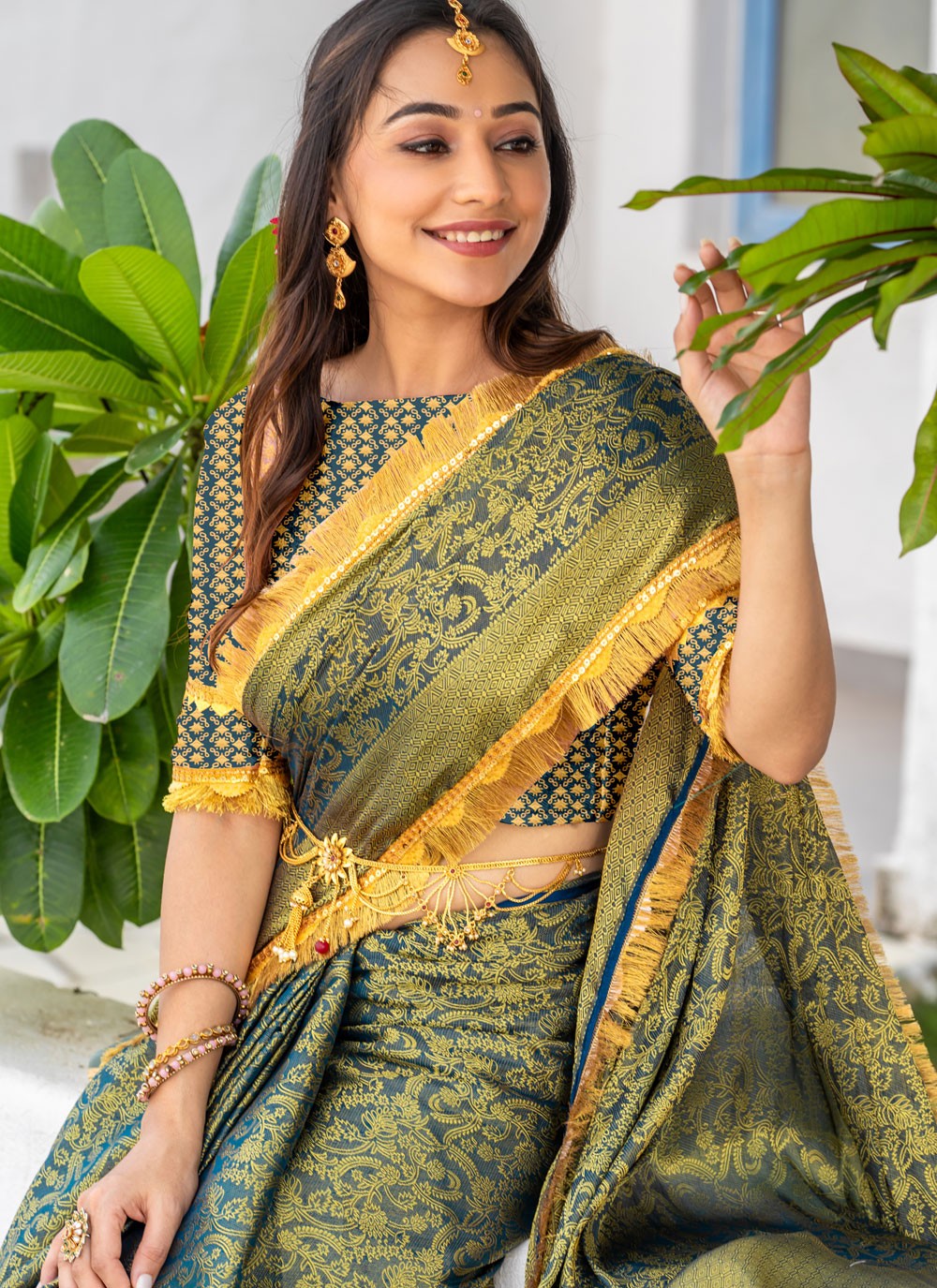Woven Brocade Firozi Saree S14738