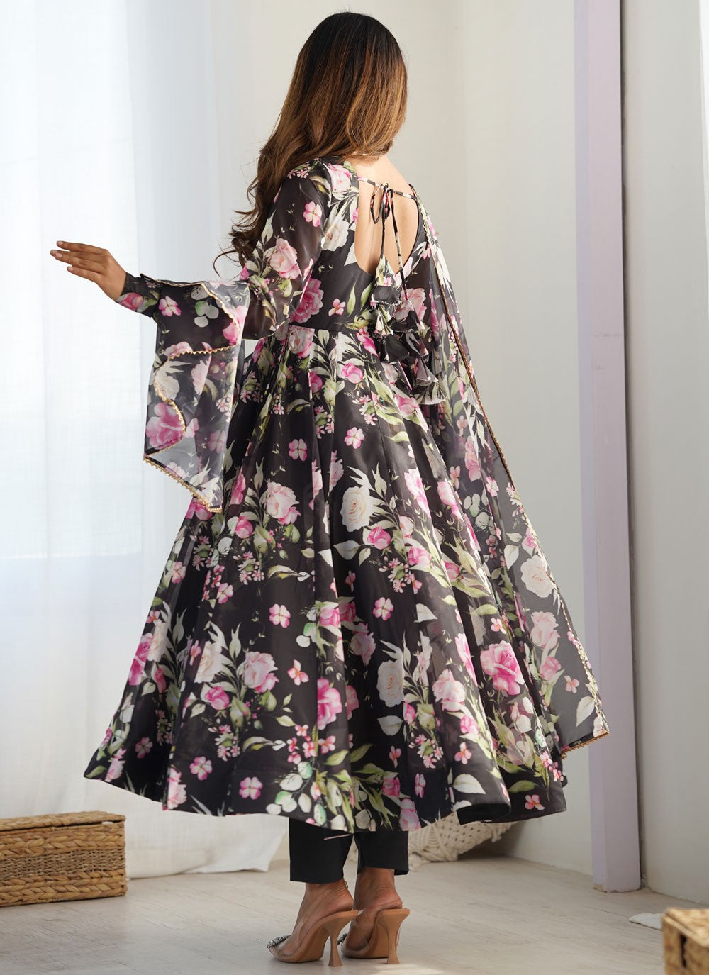 Floral Printed Organza Black Anarkali T6074