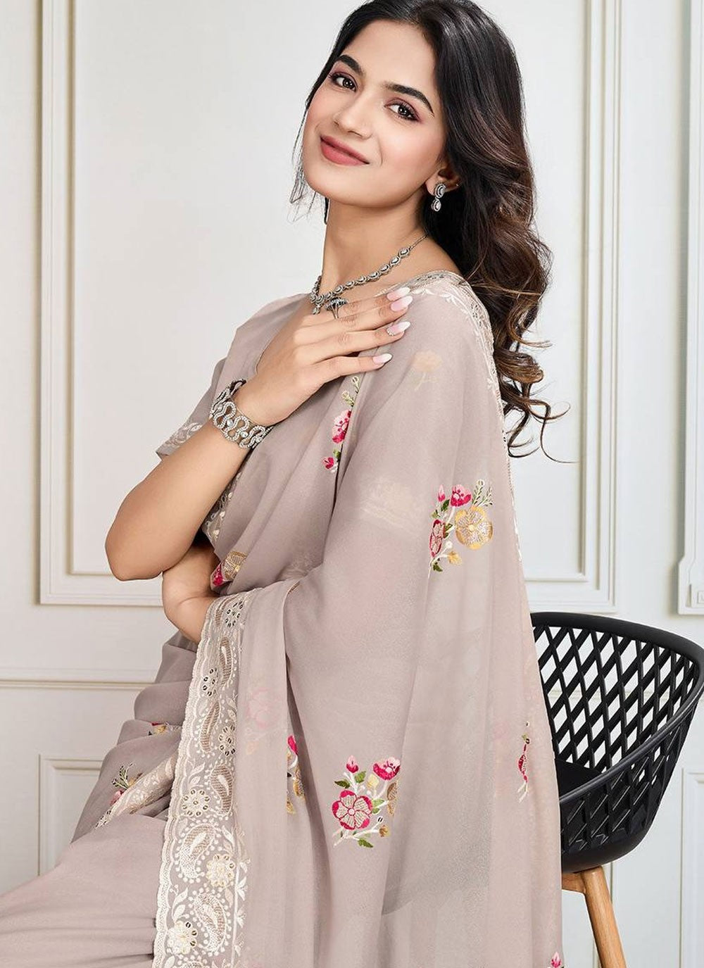 Border Work Georgette Beige Saree S14229