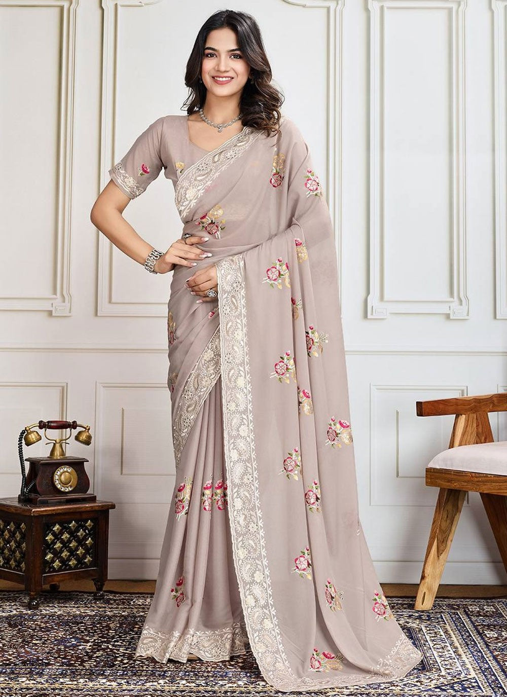 Border Work Georgette Beige Saree S14229