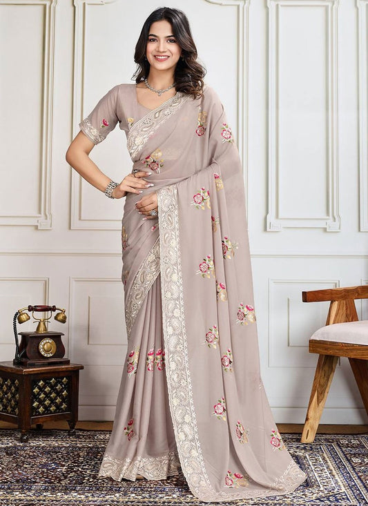 Border Work Georgette Beige Saree S14229