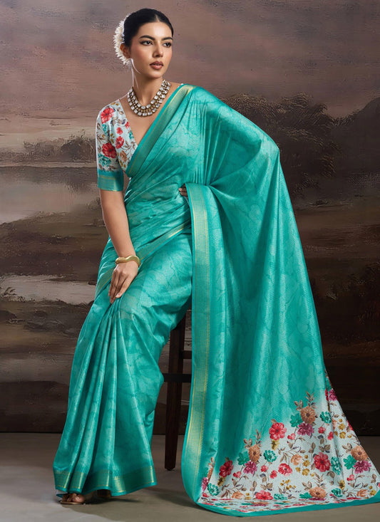 Sea Green Silk Contemporary Saree Floral Printed S19537