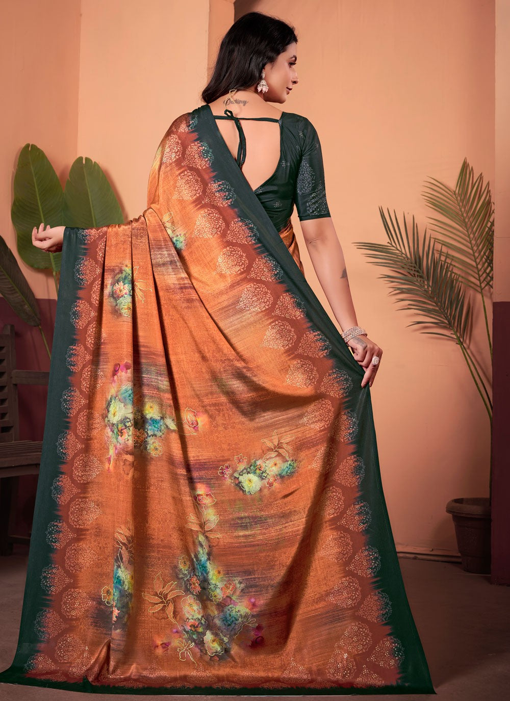 Floral Printed Silk Peach Saree S13978