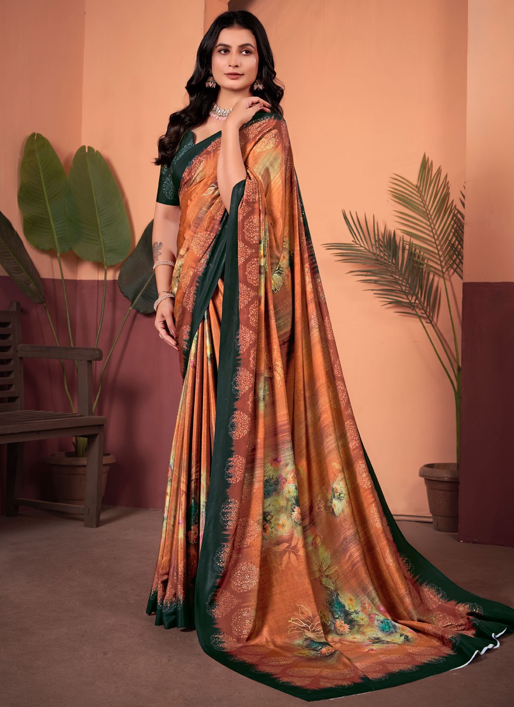 Floral Printed Silk Peach Saree S13978