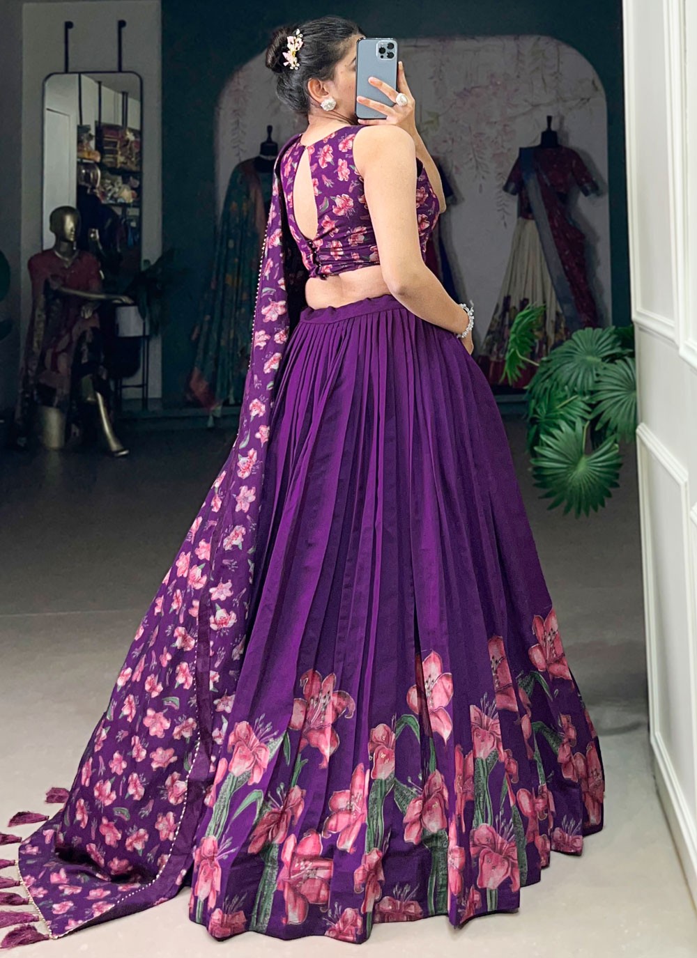Floral Printed Silk Purple Lehenga - L3282