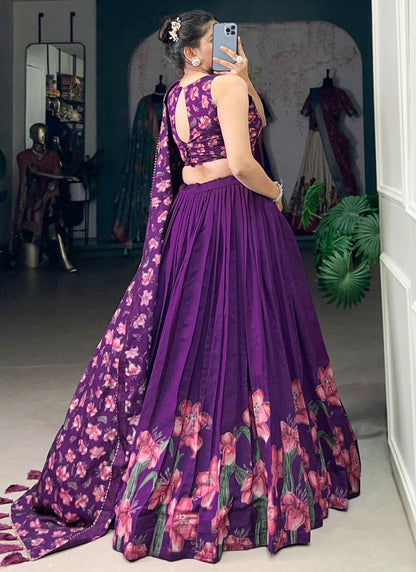 Floral Printed Silk Purple Lehenga - L3282