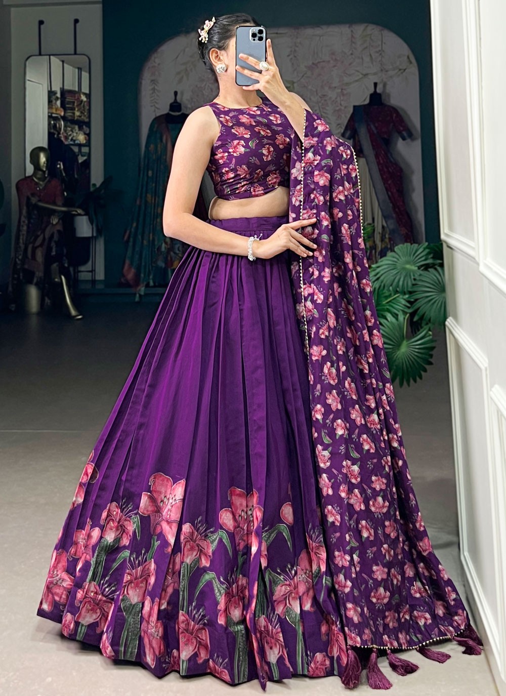 Floral Printed Silk Purple Lehenga - L3282