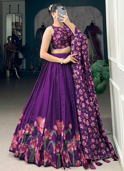 Floral Printed Silk Purple Lehenga - L3282