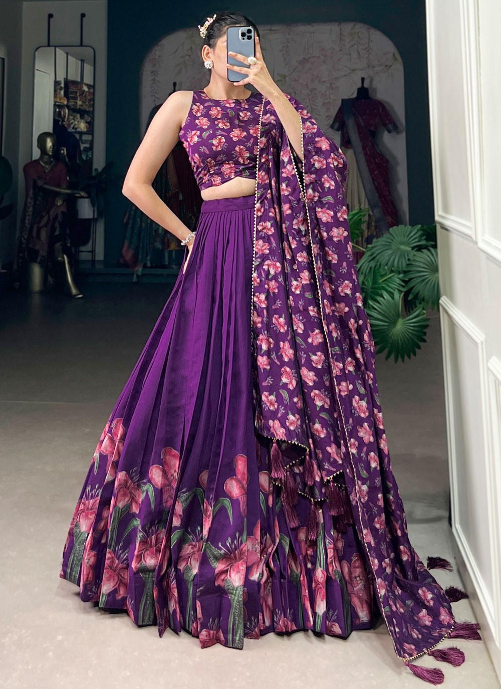 Floral Printed Silk Purple Lehenga - L3282