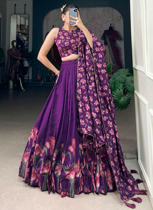 Floral Printed Silk Purple Lehenga - L3282