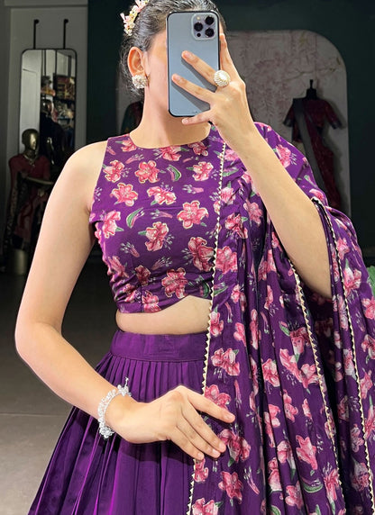 Floral Printed Silk Purple Lehenga - L3282