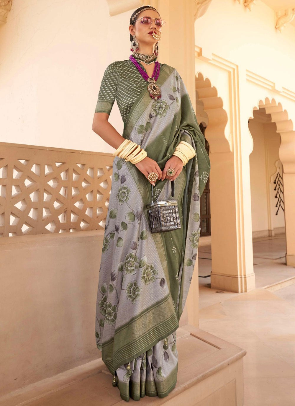 Classic Foliage Prints Silk Saree - S8078