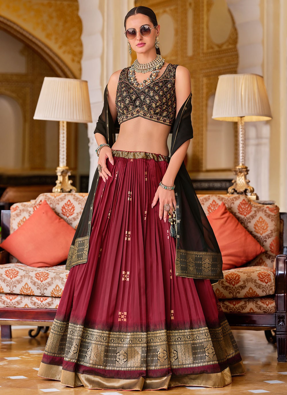 Foliage Prints Silk Maroon Lehenga - L3276