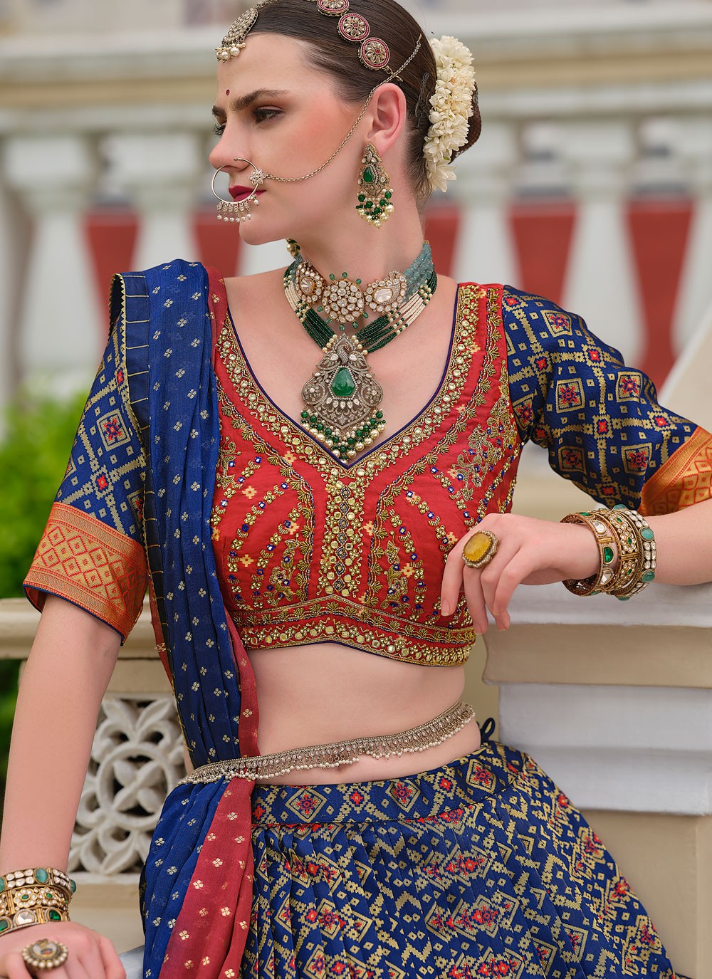 Foliage Prints Silk Navy Blue Lehenga - L3258