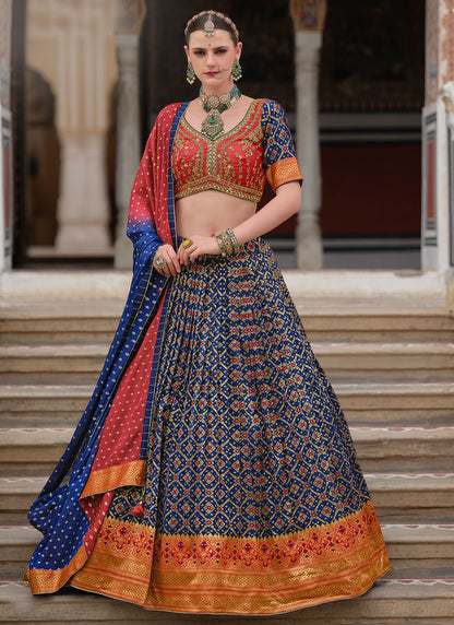 Foliage Prints Silk Navy Blue Lehenga - L3258