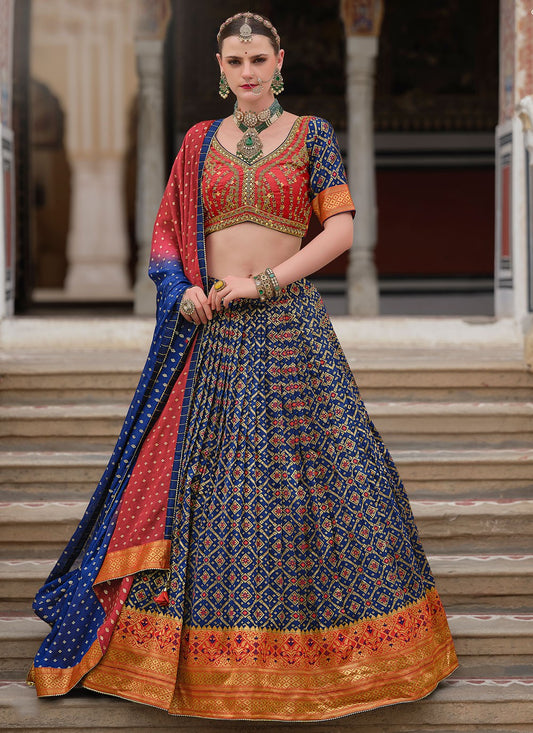 Foliage Prints Silk Navy Blue Lehenga - L3258