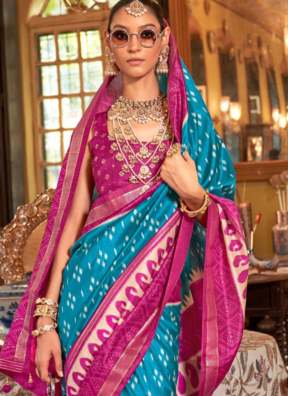 Geometric Print Silk Blue Traditional Saree S14900