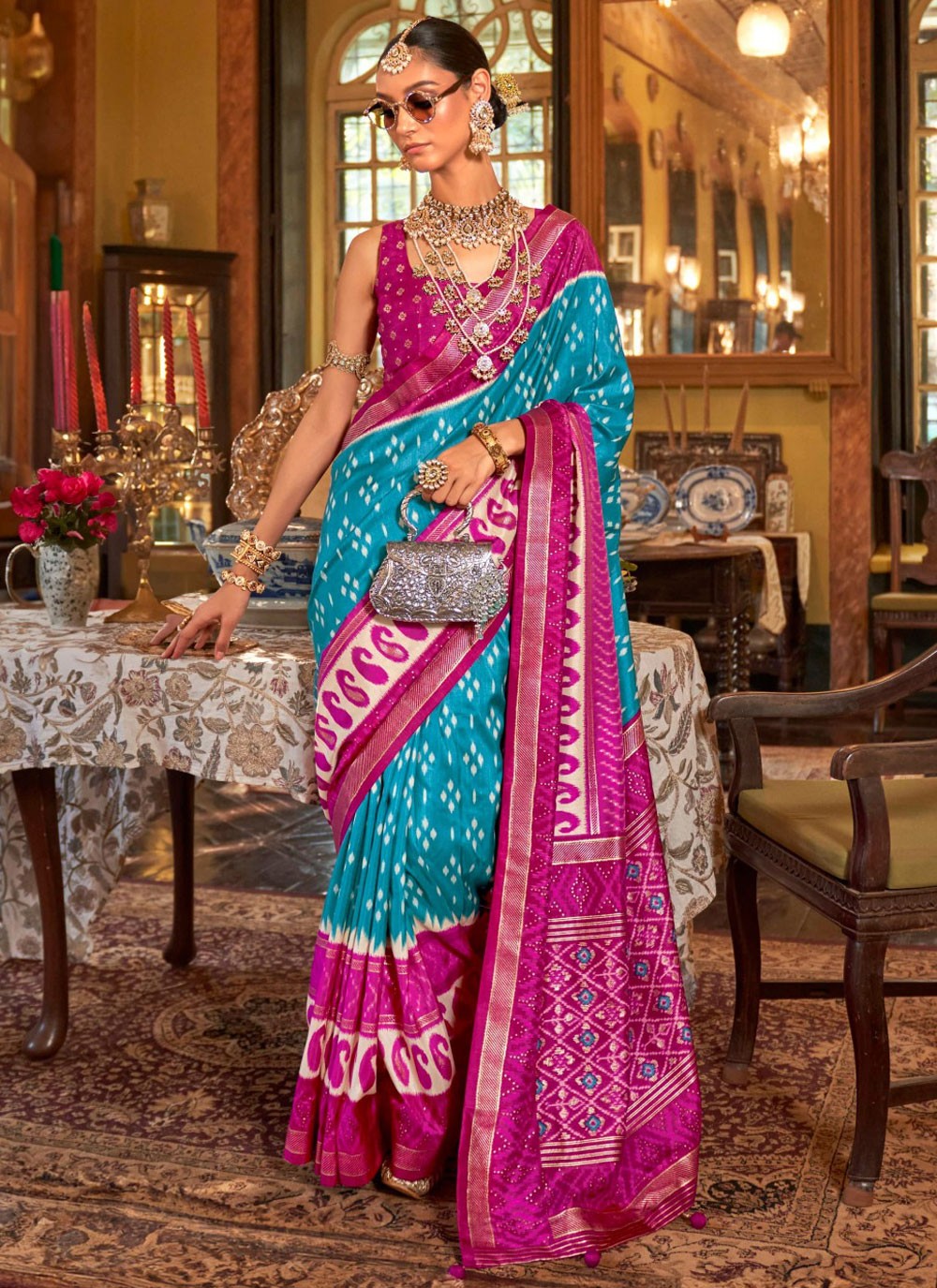 Geometric Print Silk Blue Traditional Saree S14900
