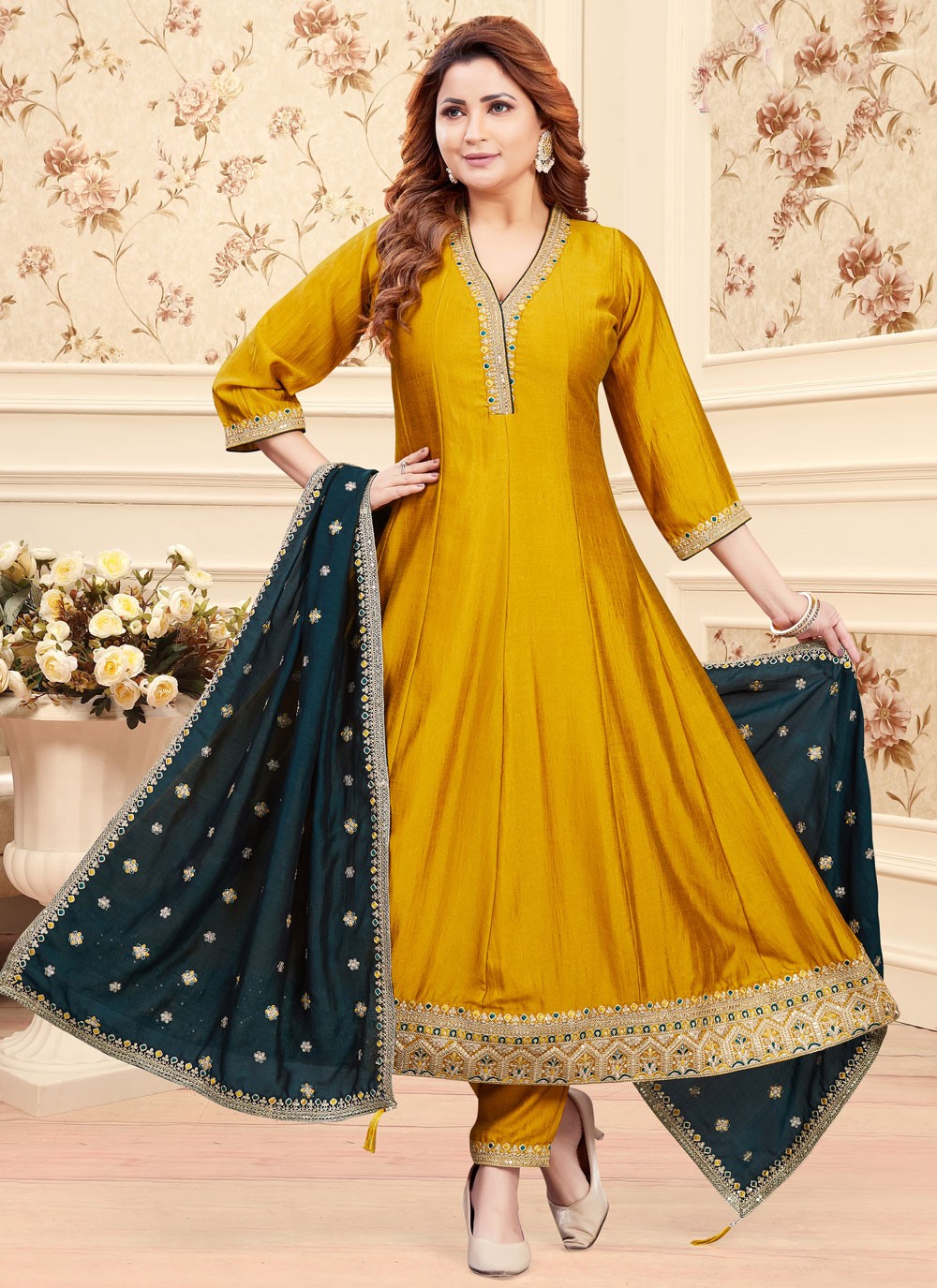 Anarkali Embroidered Gold Silk T5615