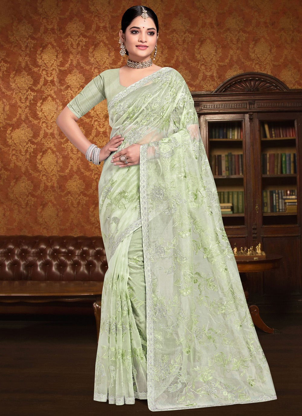 Designer Embroidered Green, Grey Organza Saree S13253