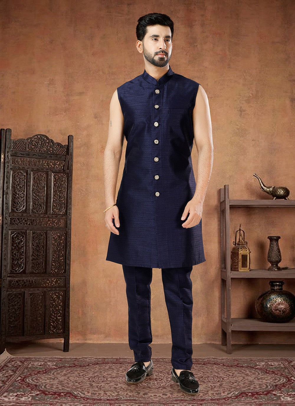 Embroidered Jacquard, Silk Green, Navy Blue Indo Western - M7022