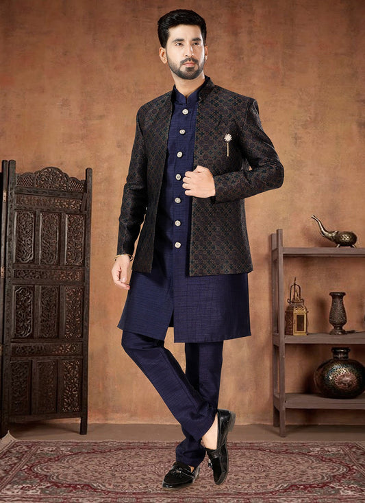 Embroidered Jacquard, Silk Green, Navy Blue Indo Western - M7022