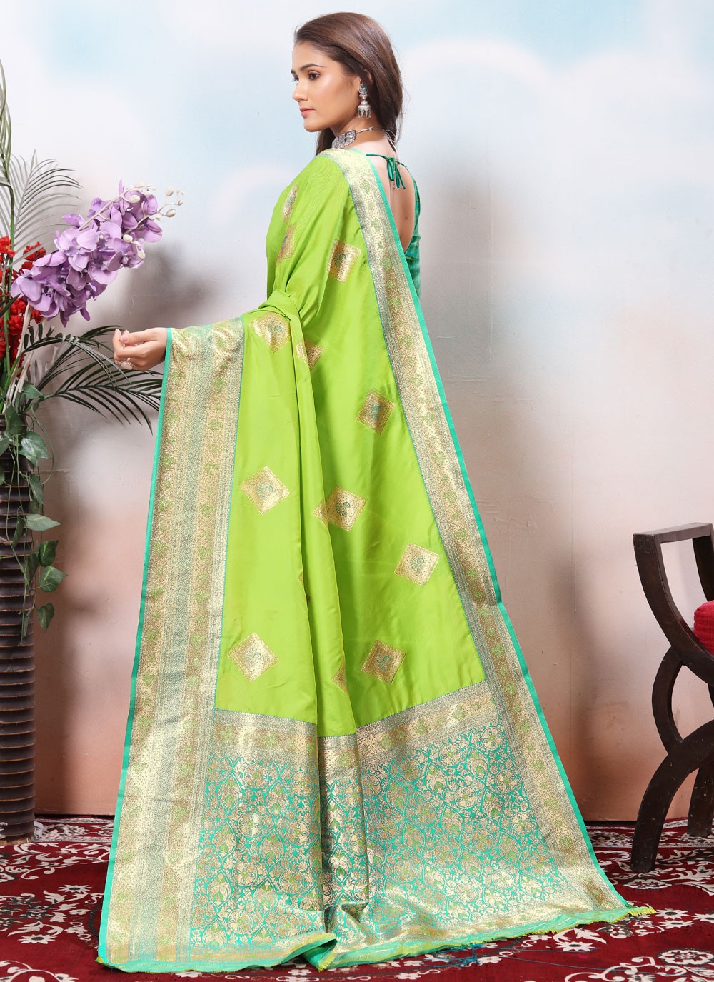 Border Work Silk Green Trendy Saree S15426