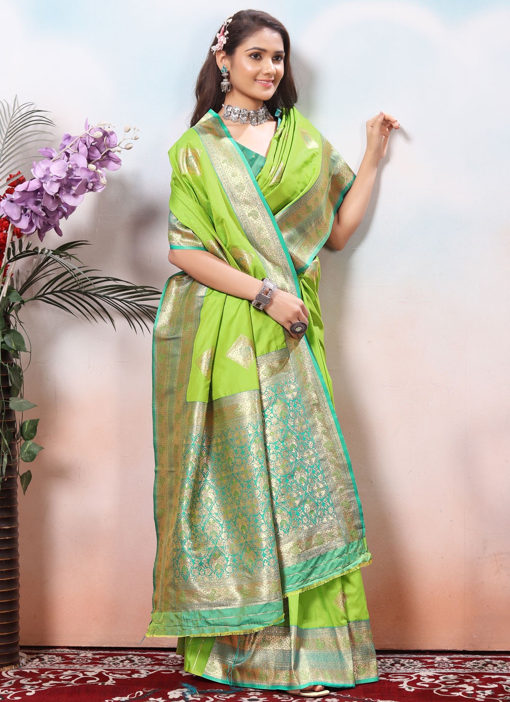 Border Work Silk Green Trendy Saree S15426