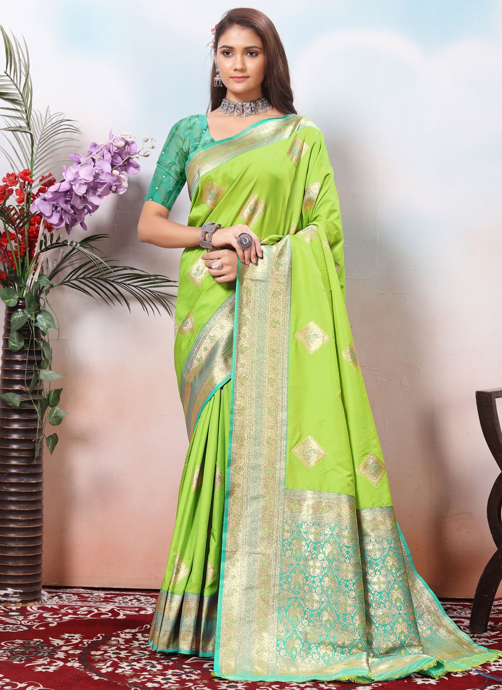 Border Work Silk Green Trendy Saree S15426